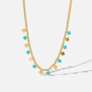 Collier multi trefles 4 feuilles doré et email bleu - chaine gourmette NILA