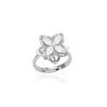 Bague trefle 4 feuilles fleur platine et zircon - rotative anti-stress - acier inoxydable MAGI